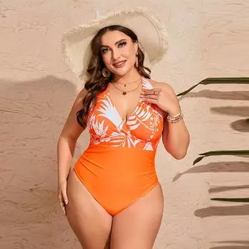 Плюс Размер Купальники Женщины 2024 Сексуальное Бикини Женский Купальник Цельный Купальник Танкини Большая Пляжная Одежда Купальные Костюмы Монокини 0XL оранжевый
