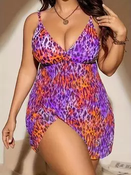 Плюс Размер Купальники Женские Танкини 2024 Бикини Леопардовый Женский Купальник 2-х Частная Сексуальная Пляжная Одежда Прозрачная Юбка Купальный Костюм Большой XL синий