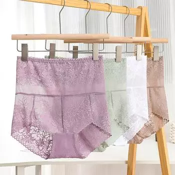 Плюс размер L-3XL Высокая талия Сексуальные кружевные женские трусики Цветочное нижнее белье Подтягивающие трусики Дышащие трусы Нижнее белье Трусы L чёрный