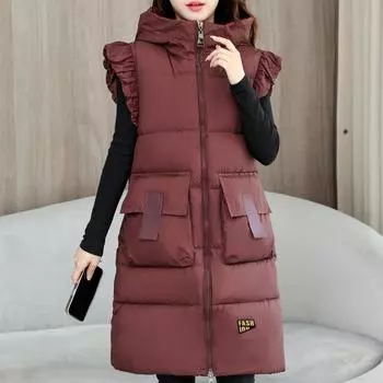 Плюс размер L-6XL женский теплый жилет зимняя длинная верхняя одежда с капюшоном модные толстые безрукавки парки для женщин куртки L красный
