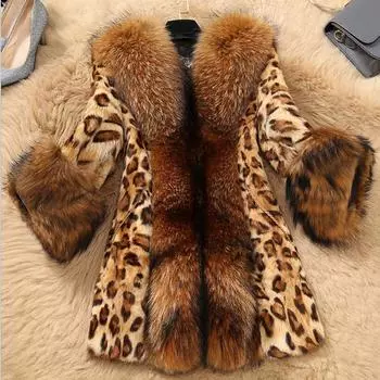 Плюс размер леопардовый искусственный мех зимнее теплое женское пальто высокая искусственная куртка длинная парка пальто S