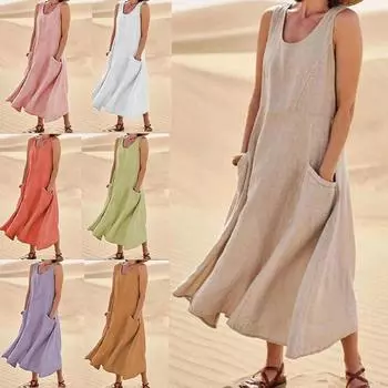 Плюс размер летнее женское модное свободное платье без рукавов из хлопка и льна майка крутое пляжное платье с круглым вырезом