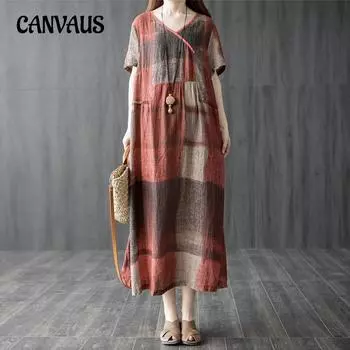 Плюс размер летние женские литературные свободные платья из хлопка и льна с v-образным вырезом и короткими рукавами с принтом M красный