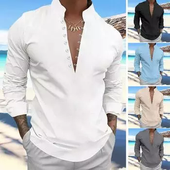 Плюс размер, летняя новая мужская рубашка в стиле ретро из хлопка и льна, повседневная рубашка с воротником-стойкой и длинными рукавами S чёрный