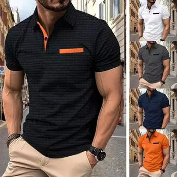 Плюс размер, летняя новая рубашка-поло на пуговицах, жаккардовая клетчатая мужская спортивная рубашка-поло, рубашка-поло большого размера S чёрный