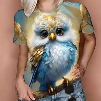 Плюс размер Летняя повседневная футболка с принтом совы Женская футболка с круглым вырезом и коротким рукавом Винтажные топы с изображением животных Женские 7XL