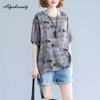 Плюс размер Летняя женская уличная футболка с короткими рукавами и принтом в виде О-образного выреза Повседневная свободная футболка с коротким рукавом из хлопка и льна Женская базовая футболка One Size