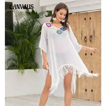 Плюс размер, летняя женская вязаная крючком пляжная накидка с разноцветными цветами и нерегулярными кисточками, солнцезащитный крем One Size белый