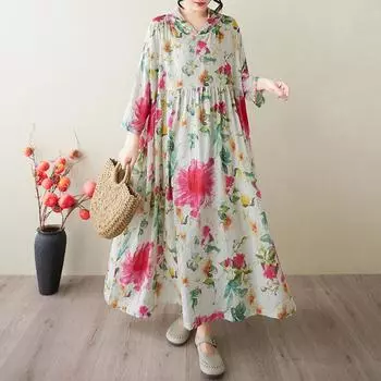 Плюс Размер Лето Цветочное Платье Женщин С Капюшоном Халат Цветочный Принт Свободные Винтажные Платья Женская Одежда One Size