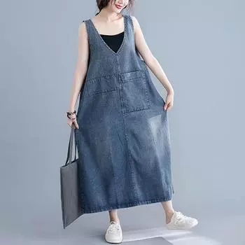 Плюс размер Лето Новое женское свободное без бретелек средней длины однотонное цветное V-образный вырез Художественное винтажное джинсовое платье плюс размер M синий