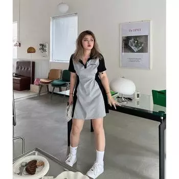 Плюс Размер Лето Высокая Талия Контрастный Лоскутное Платье Для Женщин Свободные Оверсайз Повседневные Тонкие Платья С Коротким Рукавом L серый