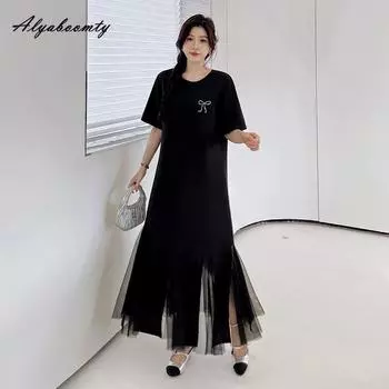 Плюс Размер Лето Женщин Черный Миди Платье Короткое O-образный вырез Повседневное Свободное Женское Платье Короткий Рукав Лоскутное Сетчатое Женское Платье L