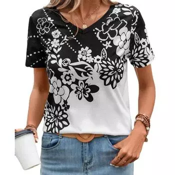 Плюс Размер Лето Женская Цветочный Принт Повседневный V-образный вырез Короткие Рукава 3D Футболка Пуловер Топ 7XL чёрный