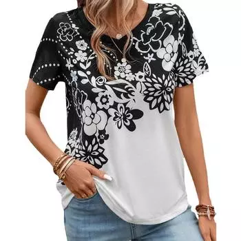 Плюс Размер Лето Женская Цветочный Принт Повседневный V-образный вырез Короткие Рукава 3D Футболка Пуловер Топ 7XL чёрный