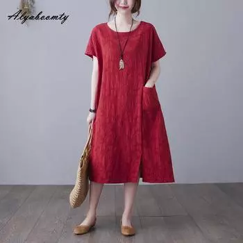 Плюс Размер Лето Женское Однотонное Платье А-силуэта Короткое Платье С О-образным Вырезом Красное Темно-синее Черное Зеленое Платье С Разрезом Жаккардовое Хлопковое Свободное Платье С Карманом M темно-синий