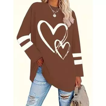 Плюс размер люверсы полые однотонные принтованные в форме сердца топ с длинными рукавами осень зима женская повседневная футболка легкая эластичная S