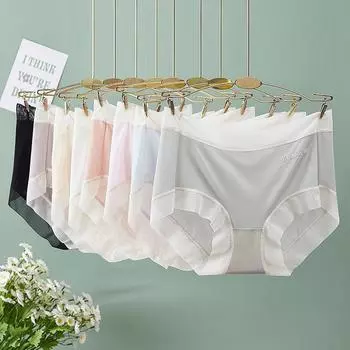 Плюс размер M-3XL трусы летние цельные трусы Ice Silk бесшовные женские трусики сексуальные с высокой талией дышащие тонкие трусы M чёрный
