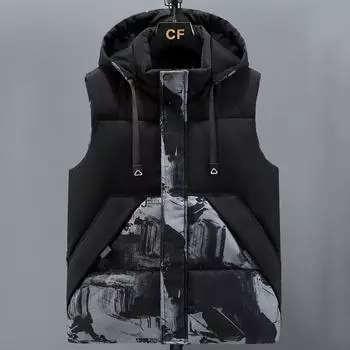 Плюс размер M-8XL Зимний теплый жилет Мужская верхняя одежда с капюшоном 2024 Модные безрукавки Повседневные толстые мужские парки M чёрный