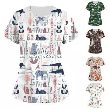 Плюс размер, милая рабочая форма с принтом, топы для женщин, забавные футболки с перекрестным v-образным вырезом и короткими рукавами, рабочая одежда, футболка с карманами L чёрный