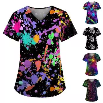 Плюс размер, милая рабочая форма с принтом, топы для женщин, забавные футболки с v-образным вырезом и короткими рукавами, рабочая одежда, футболка с карманами XXL синий