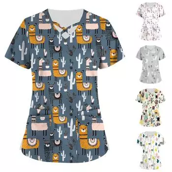 Плюс размер, милая рабочая форма с принтом, топы для женщин, забавные футболки с перекрестным v-образным вырезом и короткими рукавами, рабочая одежда, футболка с карманами L бежевый