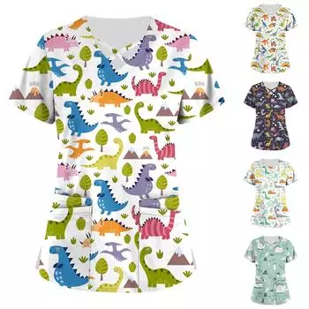 Плюс размер, милая рабочая форма с принтом, топы для женщин, забавные футболки с перекрестным v-образным вырезом и короткими рукавами, рабочая одежда, футболка с карманами XXXL зелёный