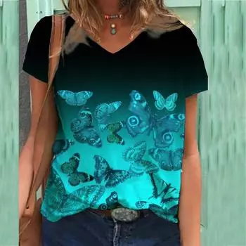 Плюс размер Минимально 3D принтованная футболка с V-образным вырезом и короткими рукавами для женщин Футболка Топ 6XL