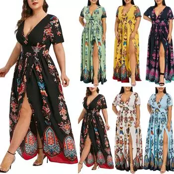 Плюс размер модное женское повседневное длинное платье с v-образным вырезом и коротким рукавом XL синий