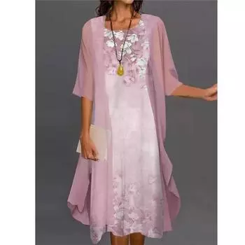 Плюс Размер Модное женское вечернее платье с принтом 2 шт. Кардиган Элегантные платья макси с круглым вырезом Повседневные длинные шифоновые платья Модные комплекты M