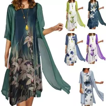 Плюс Размер Модное женское вечернее платье с принтом 2 шт. Кардиган Элегантные платья макси с круглым вырезом Повседневные длинные шифоновые платья Модные комплекты S темно-зеленого