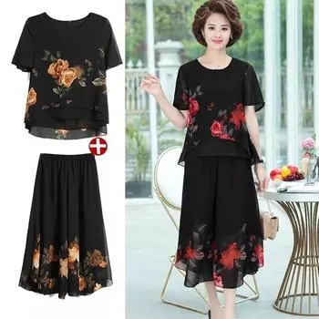 Плюс размер, модный летний шифоновый топ с принтом для мамы, юбка, брюки, костюм с короткими рукавами для женщин среднего и пожилого возраста, комплекты из двух предметов 5XL красный