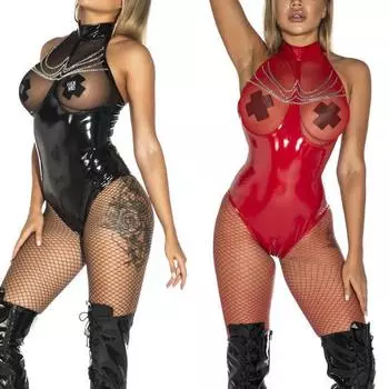 Плюс размер модный удобный женский искусственный блестящий кожаный бюст на молнии без рукавов с открытой спиной ажурный сексуальный боди с промежностью XL