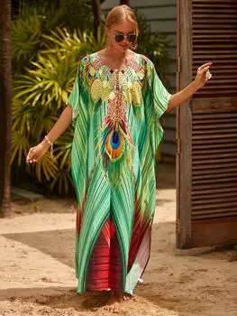 Плюс размер накидка в стиле бохо, женское платье размера плюс с рисунком «летучая мышь» с V-образным вырезом и разрезом подол макси-накидка One-size