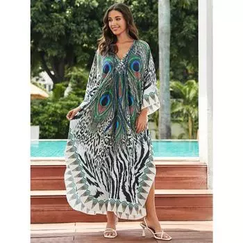 Плюс размер накидка в стиле бохо, женское платье-кафтан с леопардовым принтом и зеброй, с китайским узлом и V-образным вырезом, макси свободного кроя, пляжное платье-кафтан One-size разноцветный