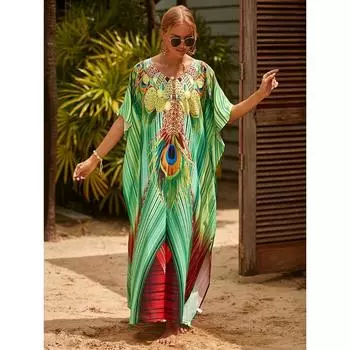 Плюс размер накидка в стиле бохо, женское платье размера плюс с рисунком «летучая мышь» с V-образным вырезом и разрезом подол макси-накидка One-size