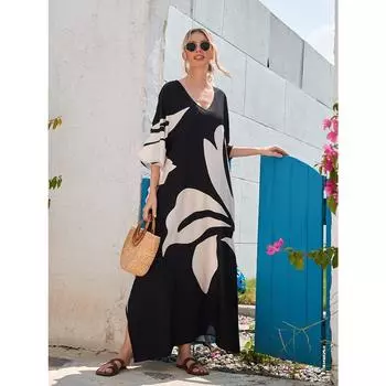 Плюс размер накидка в стиле бохо, женское пляжное платье размера плюс с цветочным принтом, рукавами «летучая мышь» и V-образным вырезом, макси-кафтан с разрезом One-size бежевый