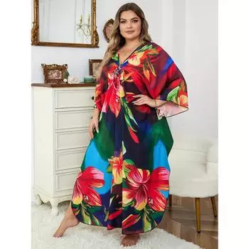 Плюс размер накидка в стиле бохо, женское платье плюс с цветочным принтом и рукавами «летучая мышь» и V-образным вырезом, кафтан, пляжное платье-накидка One-size разноцветный