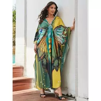 Плюс размер накидка в стиле бохо, женское пляжное платье-кафтан с принтом бабочки и разрезом по бокам, рукавами «летучая мышь», китайским узлом и плетеной отделкой One-size