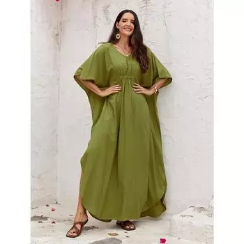 Плюс размер накидка в стиле бохо, женское однотонное пляжное платье-кафтан с рукавами «летучая мышь» и V-образным вырезом макси с разрезом One-size белый