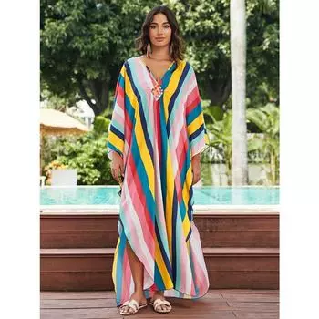 Плюс размер накидка в стиле бохо, женское красочное полосатое принт с плетеным китайским узлом и v-образным вырезом, макси-пляжное платье-кафтан с разрезом по бокам One-size разноцветный