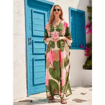 Плюс размер накидка в стиле бохо, женское платье плюс с тропическим принтом и рукавами «летучая мышь» и v-образным вырезом, макси-кафтан, пляжное платье-накидка One-size разноцветный