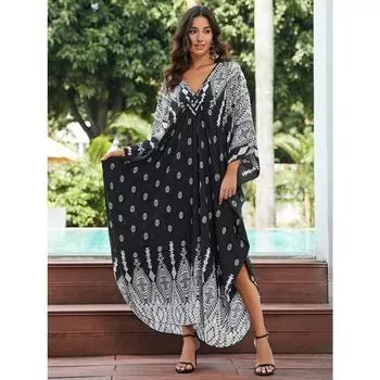 Плюс размер накидка в стиле бохо, женское платье плюс с геопринтом, рукавами «летучая мышь» и v-образным вырезом, макси-кафтан, пляжное платье-накидка One-size чёрный
