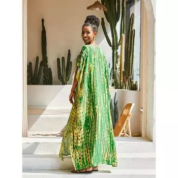 Плюс размер накидка в стиле бохо, женское пляжное платье в полоску с V-образным вырезом и рукавами «летучая мышь» плюс тай-дай One-size желто-зеленый