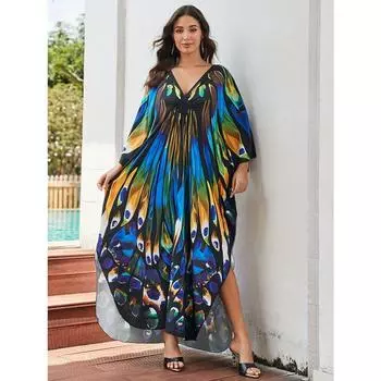 Плюс размер накидка в стиле бохо, женское платье-кафтан с китайским узлом и принтом бабочки, V-образным вырезом, макси, свободного покроя, пляжное платье-кафтан One-size разноцветный