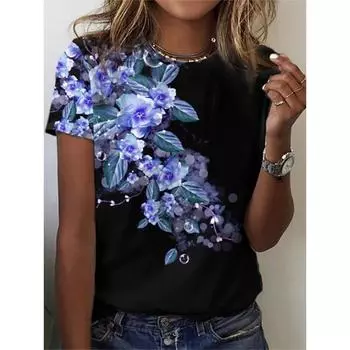 Плюс размер Новинка лета 2024 года Женская летняя новая женская футболка с цветочным принтом, круглым вырезом, короткими рукавами, свободная футболка S