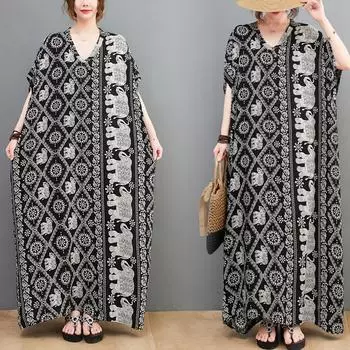 Плюс размер Новое летнее платье Цветочное льняное V-образное вырезное повседневное женское большое повседневное черное платье большого размера One Size чёрный