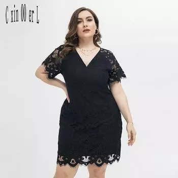 Плюс размер, новое модное летнее черное платье, женское сексуальное кружевное вечернее платье с v-образным вырезом, элегантное женское платье с коротким рукавом XL чёрный