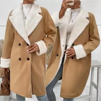 Плюс размер, новое однотонное повседневное осеннее и зимнее теплое пальто, женское плюшевое пальто с откидным воротником и длинными рукавами S хаки