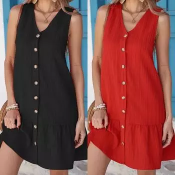 Плюс размер однотонное V-образный вырез без рукавов оборки подола платье женское летнее женское платье-сарафан на пуговицах спереди повседневные свободные короткие платья S чёрный