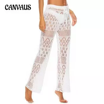 Плюс размер, однотонные сексуальные женские сексуальные прозрачные прозрачные тканые брюки для ночного клуба, вязаные крючком пляжные брюки S белый